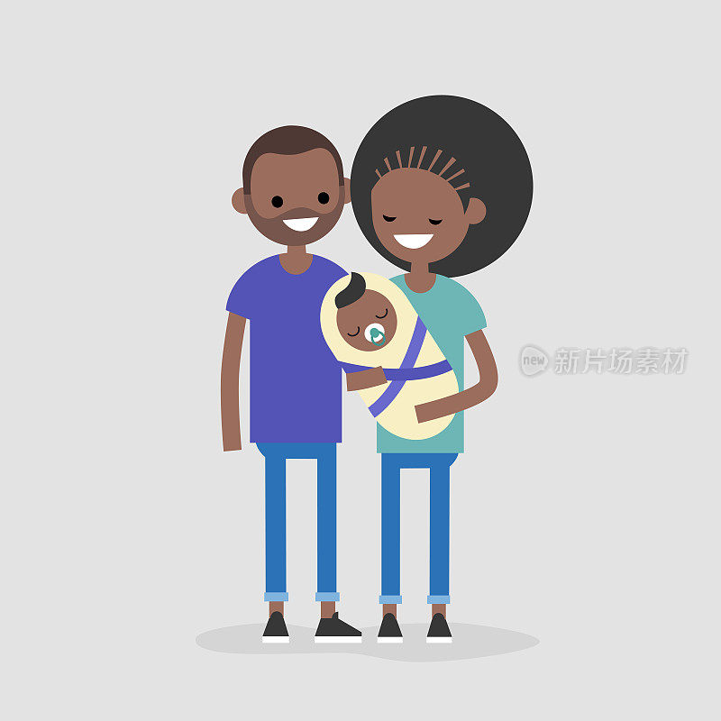 年轻现代黑人家庭观念。母亲，父亲和他们的孩子/平面可编辑矢量插图，剪辑艺术